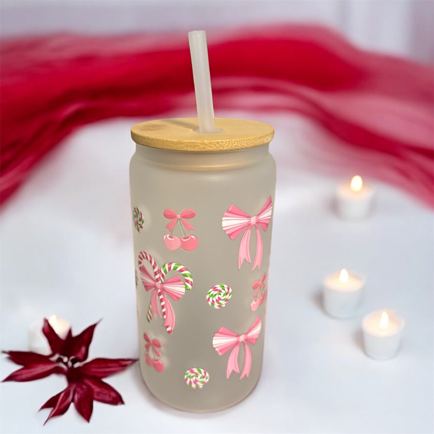 White Glass Tumbler with Ribbons and Sweet Christmas Design