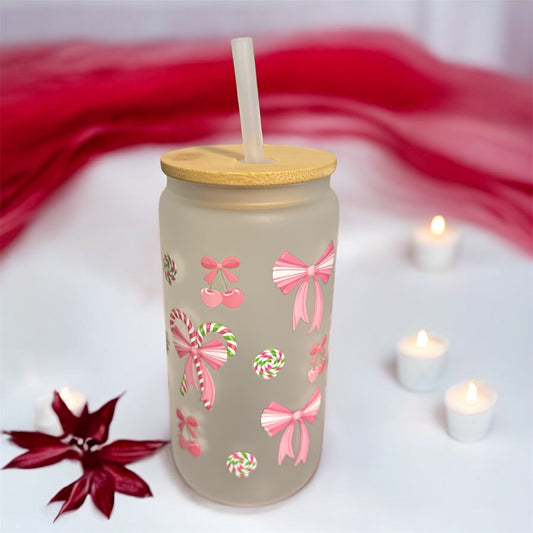 White Glass Tumbler with Ribbons and Sweet Christmas Design