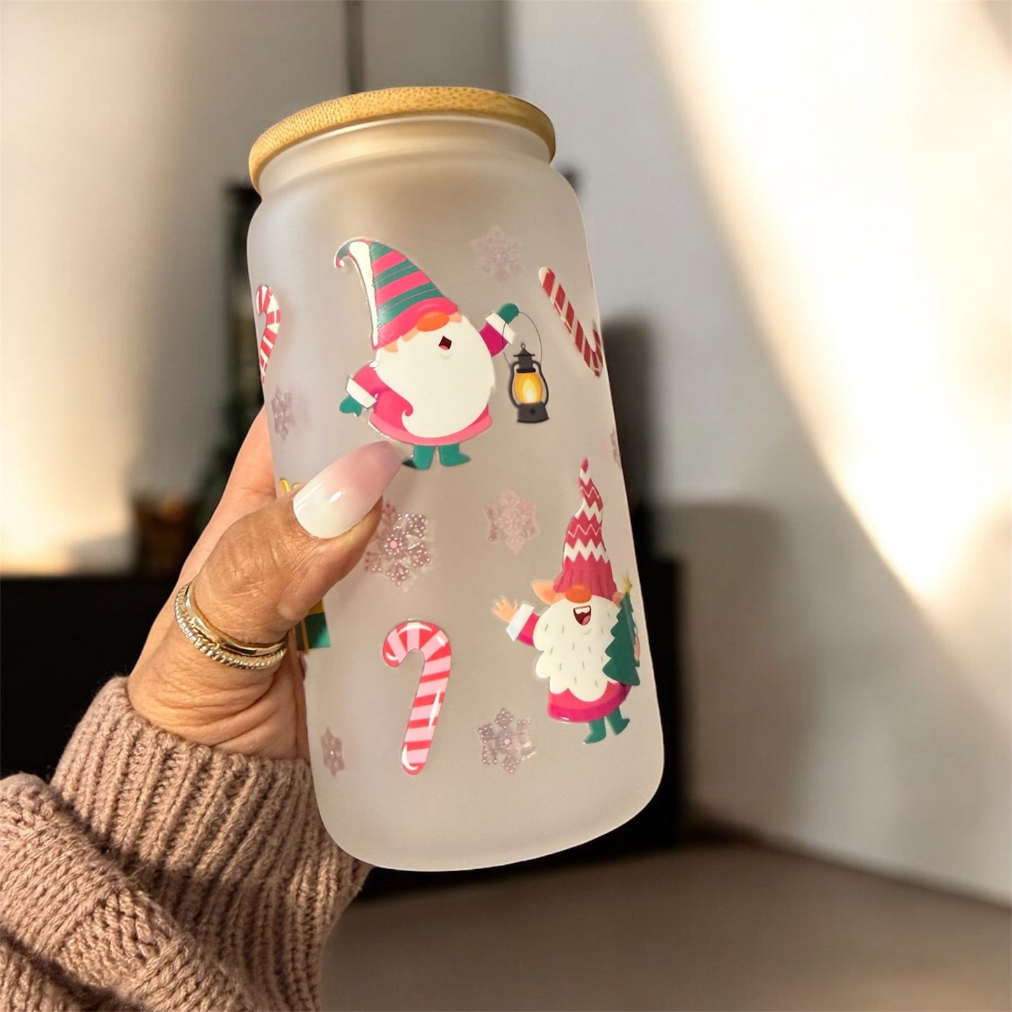 White Glass Tumbler with Christmas Gnomes