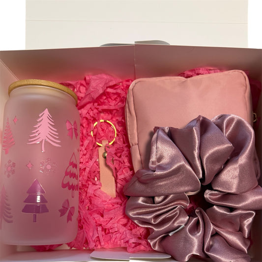 Gift Box: Christmas-Themed Glass Tumbler, Toiletry Bag, and Personalized Keychain
