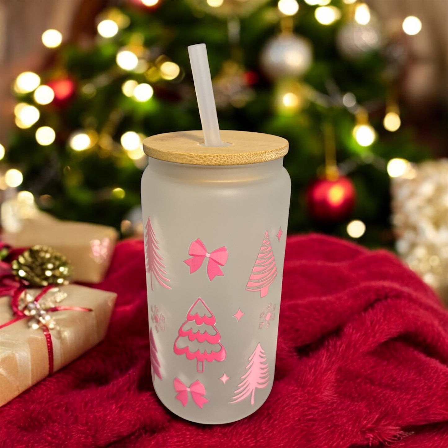 Gift Box: Christmas-Themed Glass Tumbler, Card Holder, and Personalized Keychain