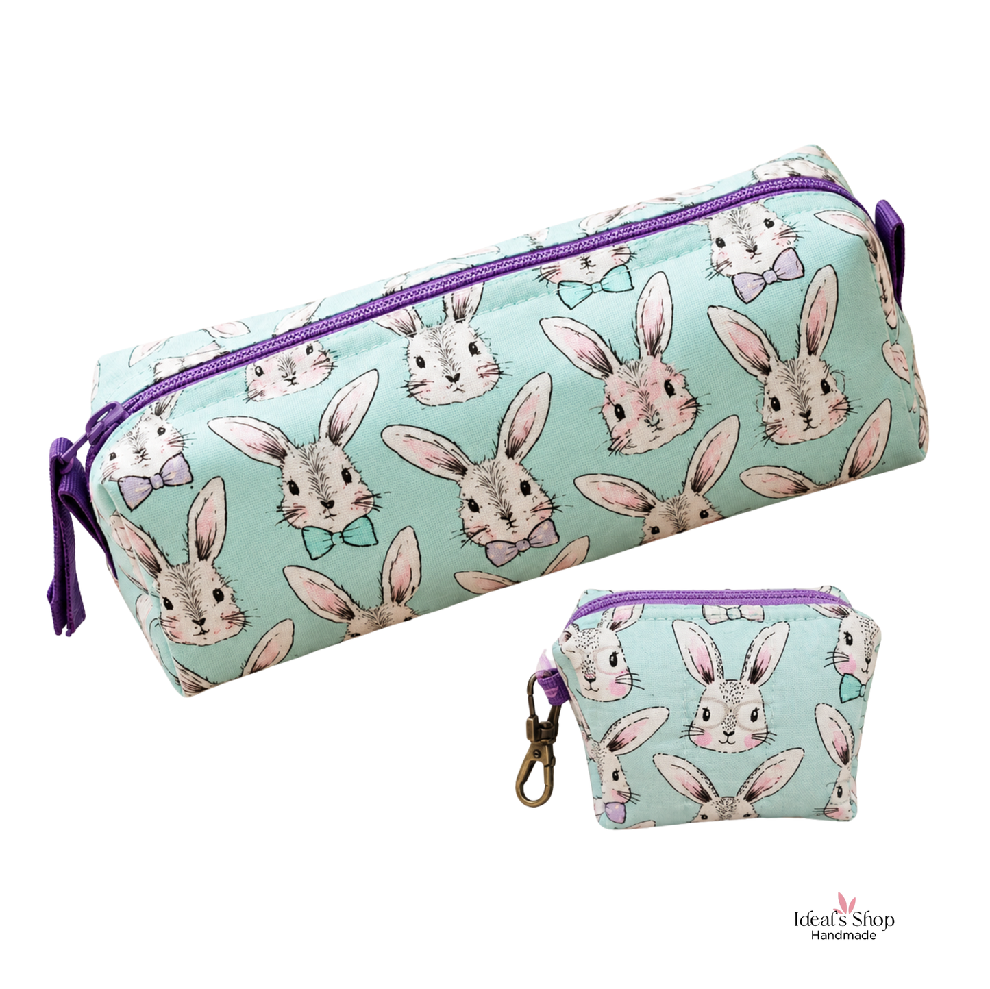 Bunny Print Pencil Case &amp; Mini Pouch Set – Handmade Zipper Organizer.