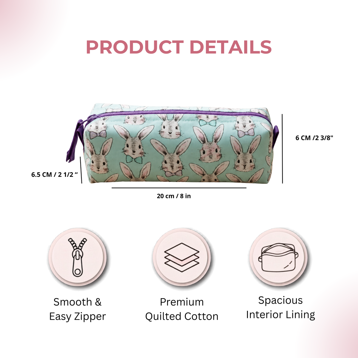 Bunny Print Pencil Case; Mini Pouch Set – Handmade Zipper Organizer.