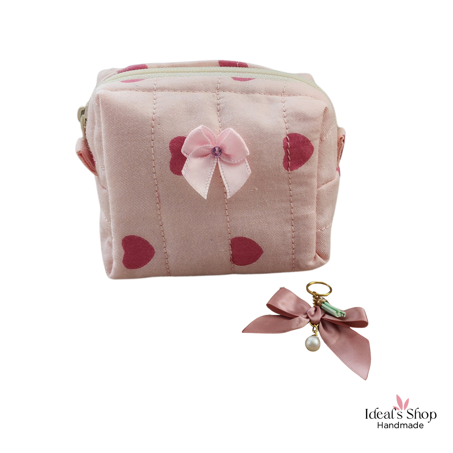 Handmade Quilted Mini Pouch with Bow Accent; Free Keychain | Cute Cotton Cosmetic; Coin Organizer