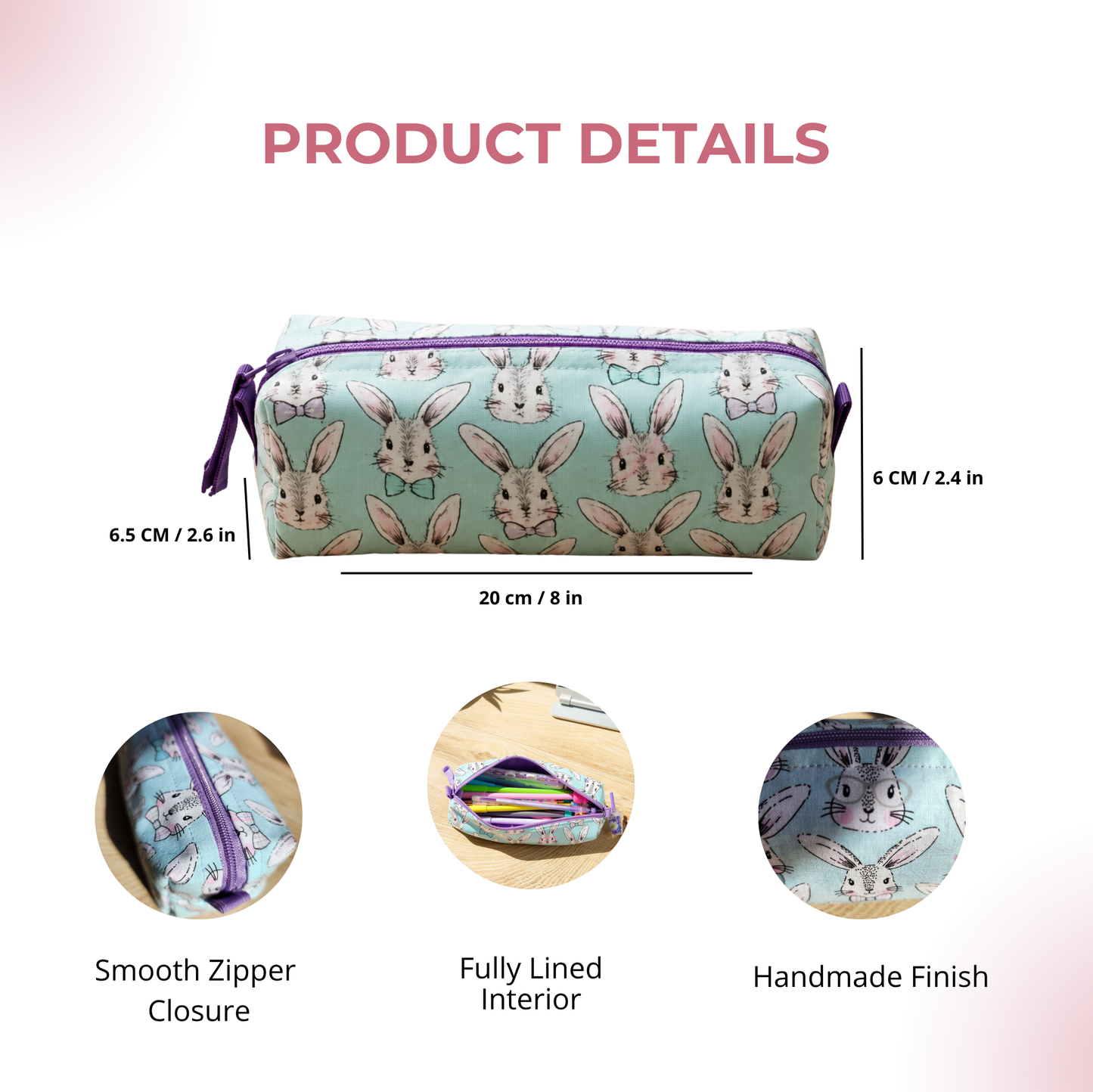 Bunny Print Pencil Case &amp; Mini Pouch Set – Handmade Zipper Organizer.