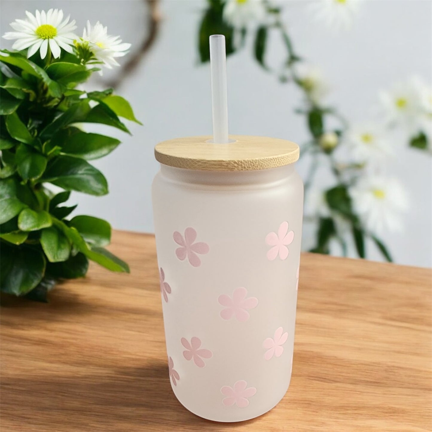Pink Floral White Glass Tumbler
