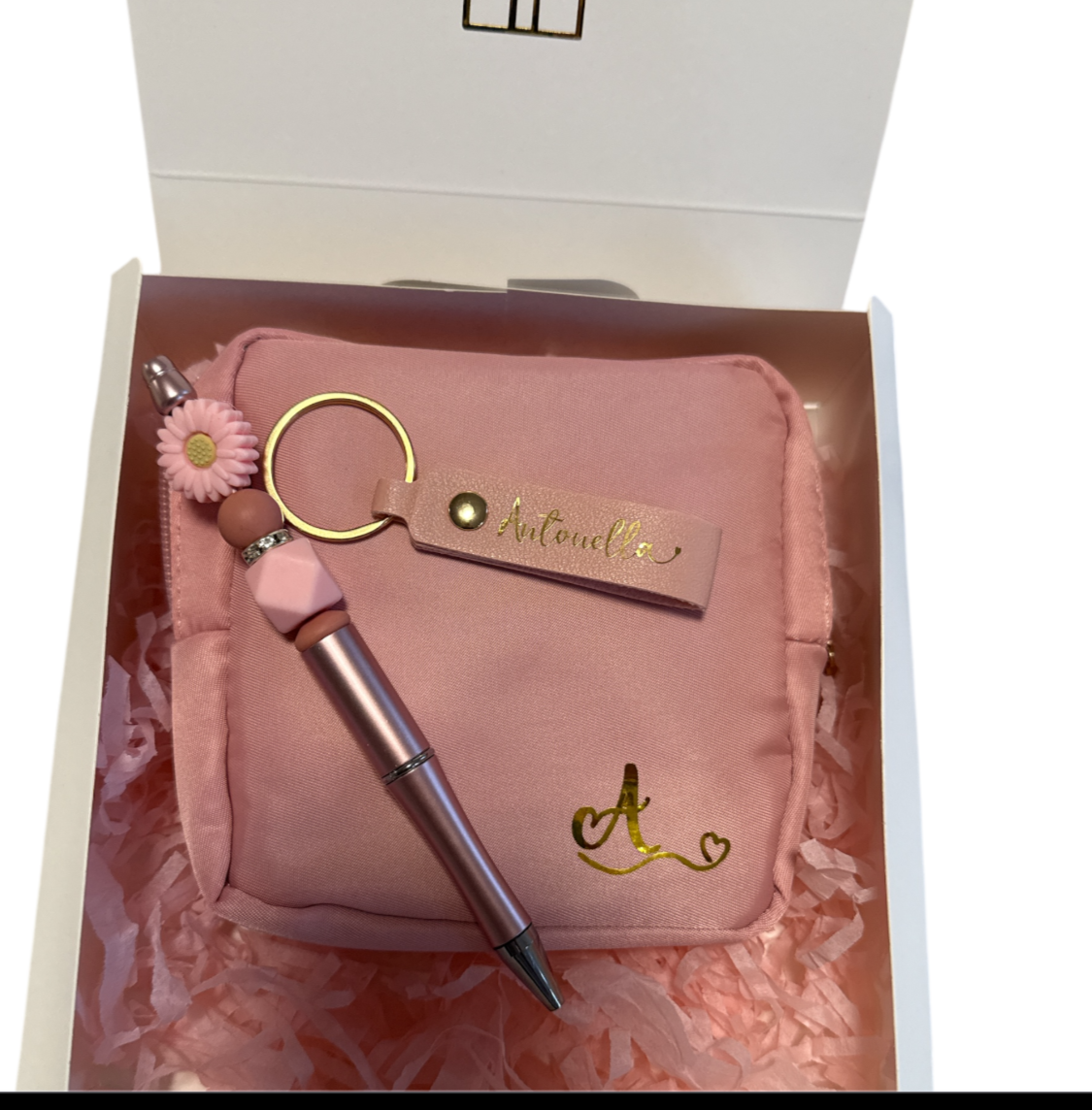 Gift Box: Toiletry Bag, Name Keychain, and Bohemian Pen