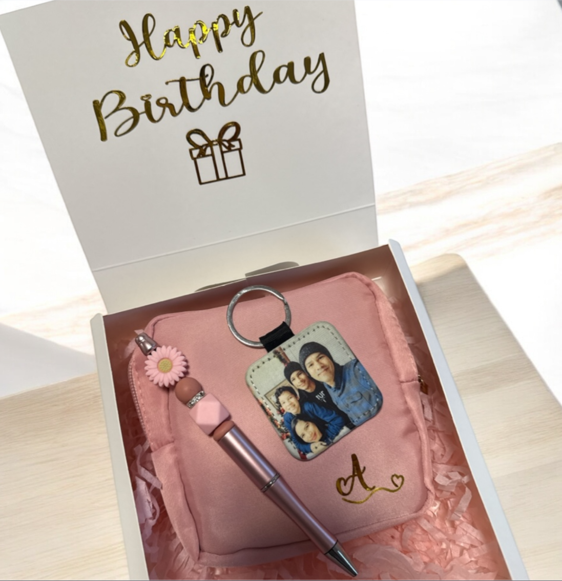 Gift Box: Toiletry Bag, Photo Keychain, and Bohemian Pen