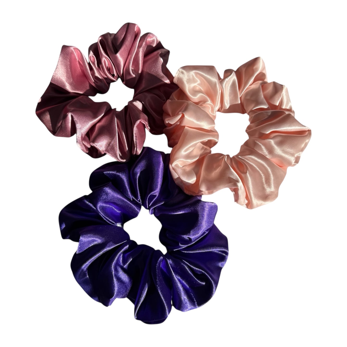 XL Satin Scrunchies Set of 3 – Premium Handmade No-Pull Hair Ties for Women & Girls – Oversized Scrunchies - Purple, Bubblegum and Salmon.