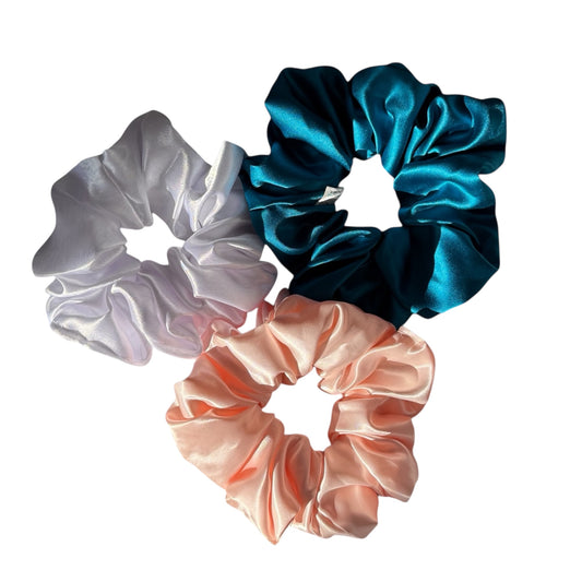 XL Satin Scrunchies Set of 3 – Premium Handmade No-Pull Hair Ties for Women & Girls – Oversized Scrunchies – Salmon, White &amp; Green