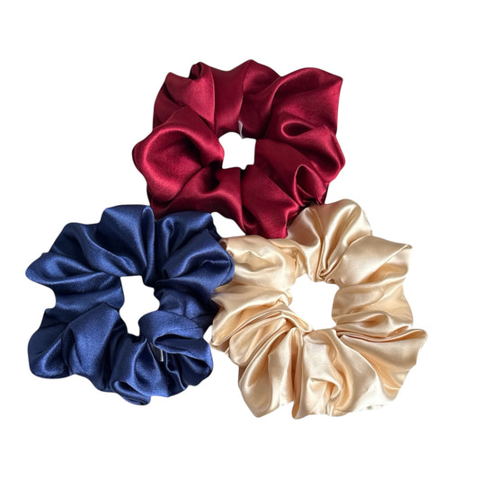 XL Satin Scrunchies Set of 3 – Premium Handmade No-Pull Hair Ties for Women & Girls – Oversized Scrunchies. Navy, Burgundy and Gold.