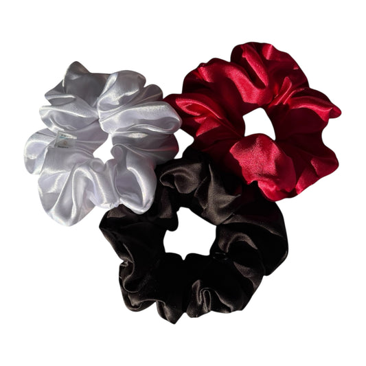 XL Satin Scrunchies Set of 3 – Premium Handmade No-Pull Hair Ties for Women & Girls – Oversized Scrunchies – White, Red and Black.