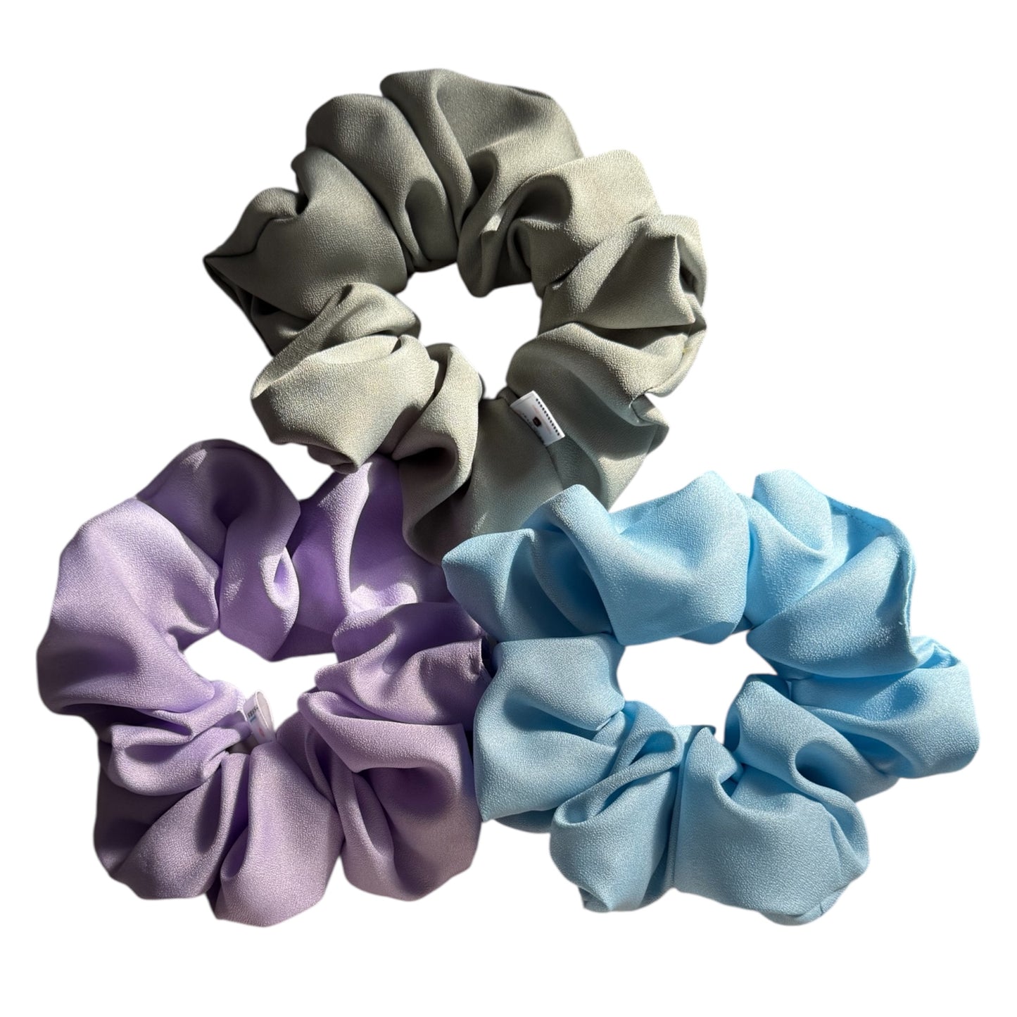 XL Satin Scrunchies Set of 3 – Premium Handmade No-Pull Hair Ties for Women & Girls – Oversized Scrunchies — Purple, Light blue and Green