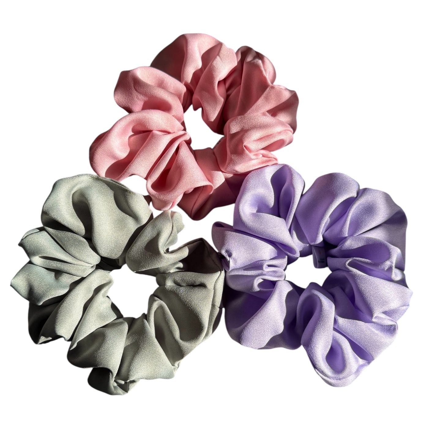 XL Satin Scrunchies Set of 3 – Premium Handmade No-Pull Hair Ties for Women & Girls – Oversized Scrunchies — Purple, Pink and Green