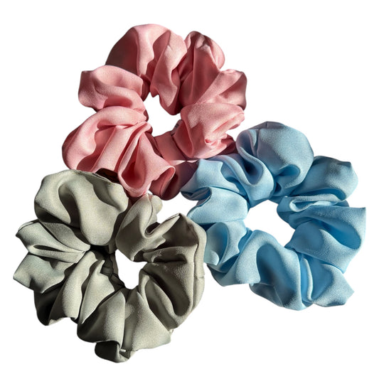 XL Satin Scrunchies Set of 3 – Premium Handmade No-Pull Hair Ties for Women & Girls – Oversized Scrunchies — Pink, Light blue and Green