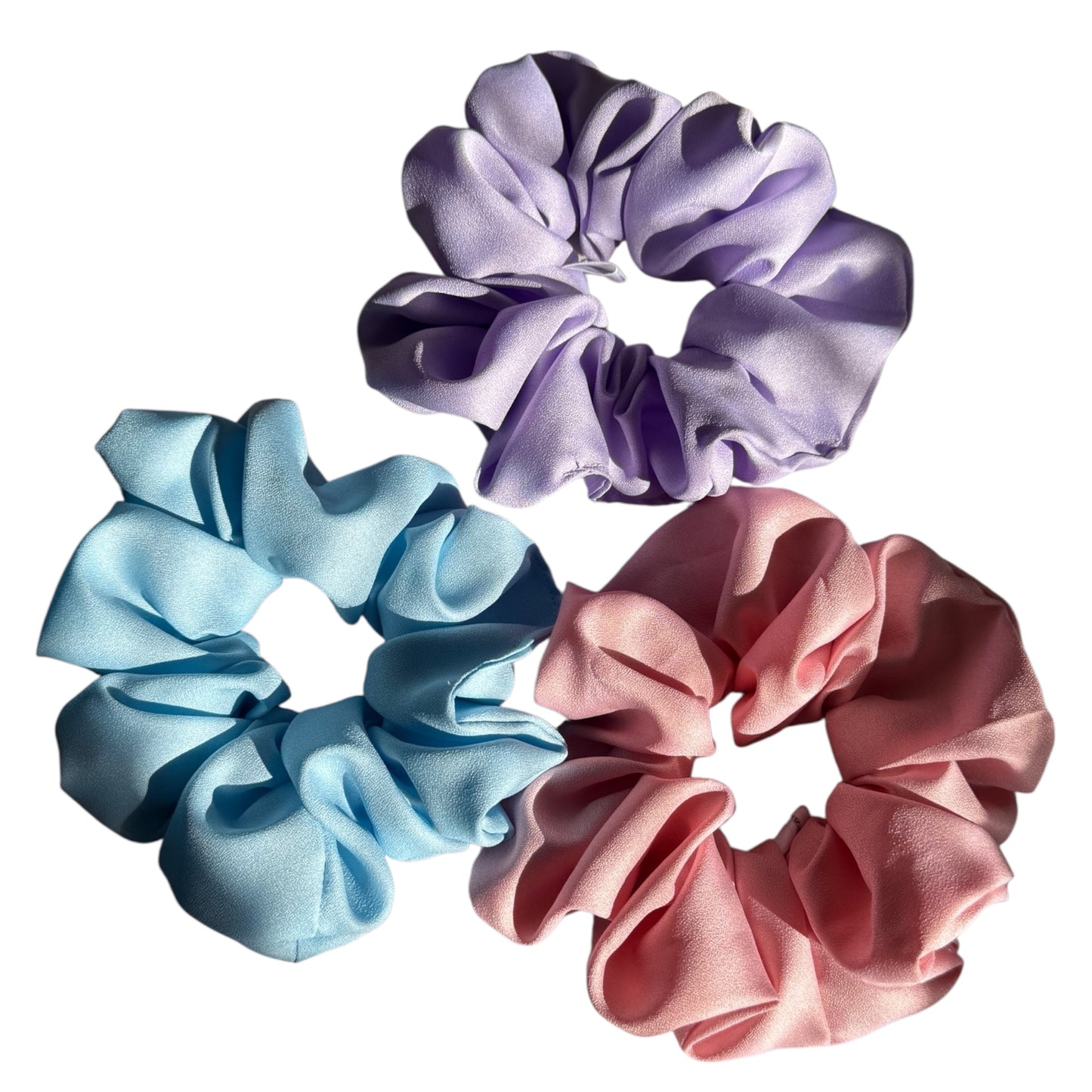 XL Satin Scrunchies Set of 3 – Premium Handmade No-Pull Hair Ties for Women & Girls — Oversized Scrunchies Light blue, purple and pink.