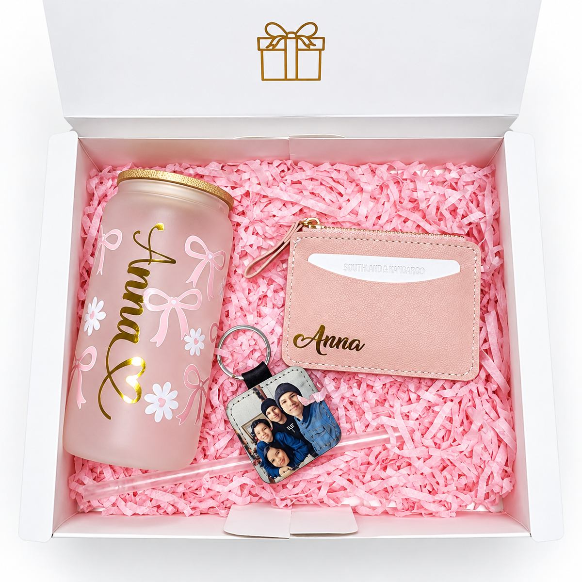 Personalized Gift Box with Glass Tumbler, Card Holder, and Photo Keychain