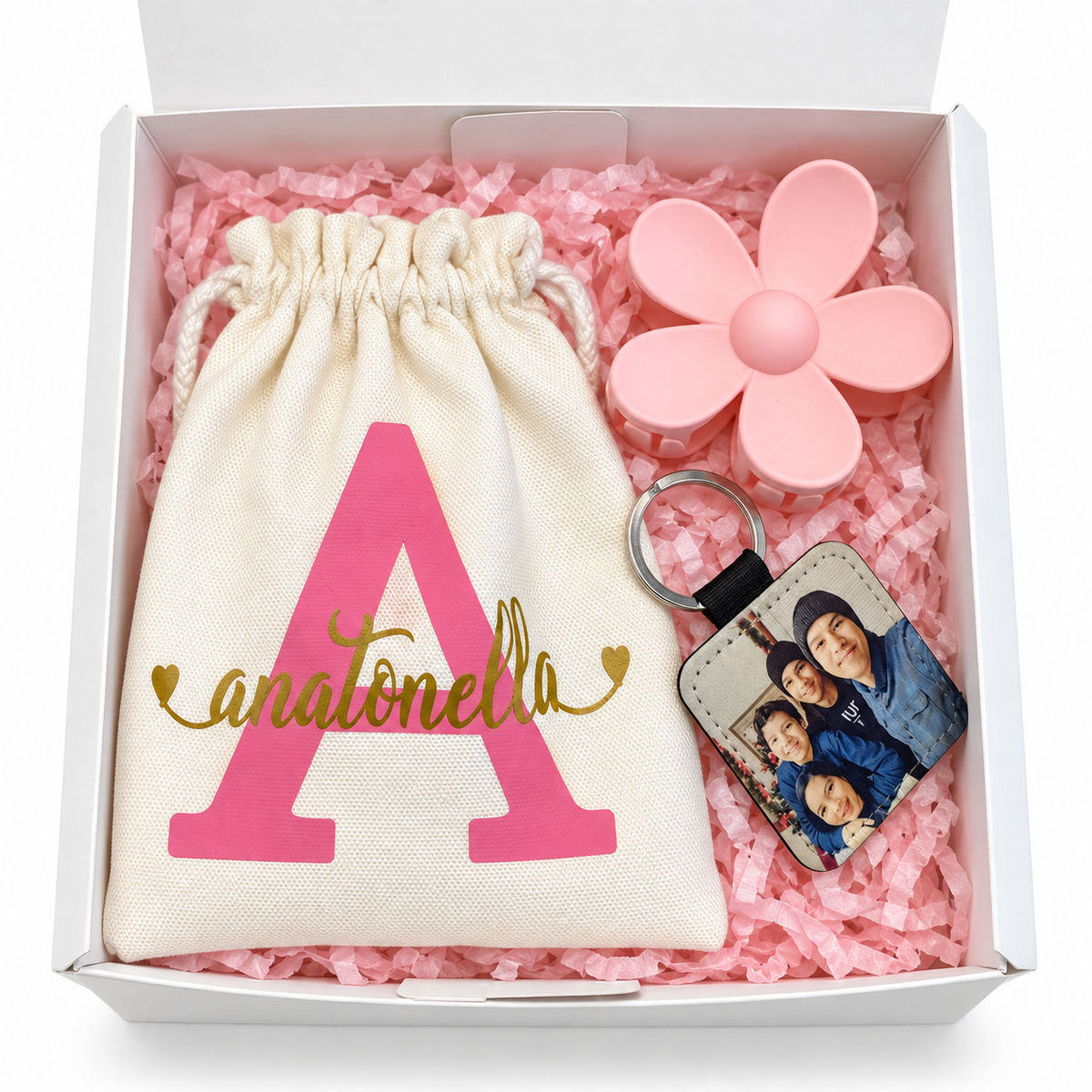 Personalized Gift Box with Bag, Photo Keychain & Flower Claw Clip