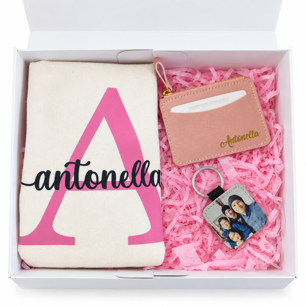 Personalized Gift Box with Tote Bag, Card Holder, and Photo Keychain