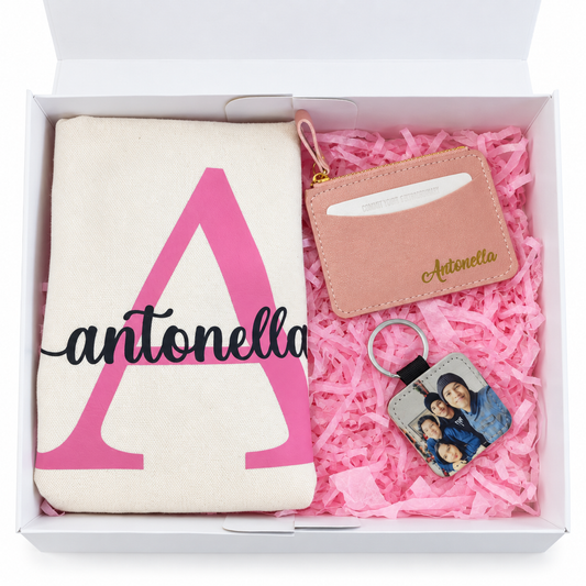 Personalized Gift Box with Tote Bag, Card Holder, and Photo Keychain