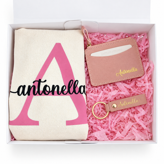 Personalized Gift Box with Tote Bag, Card Holder, and Name Keychain