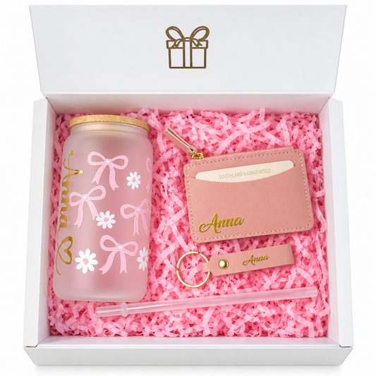 Personalized Gift Box with Glass Tumbler, Card Holder, and Name Keychain