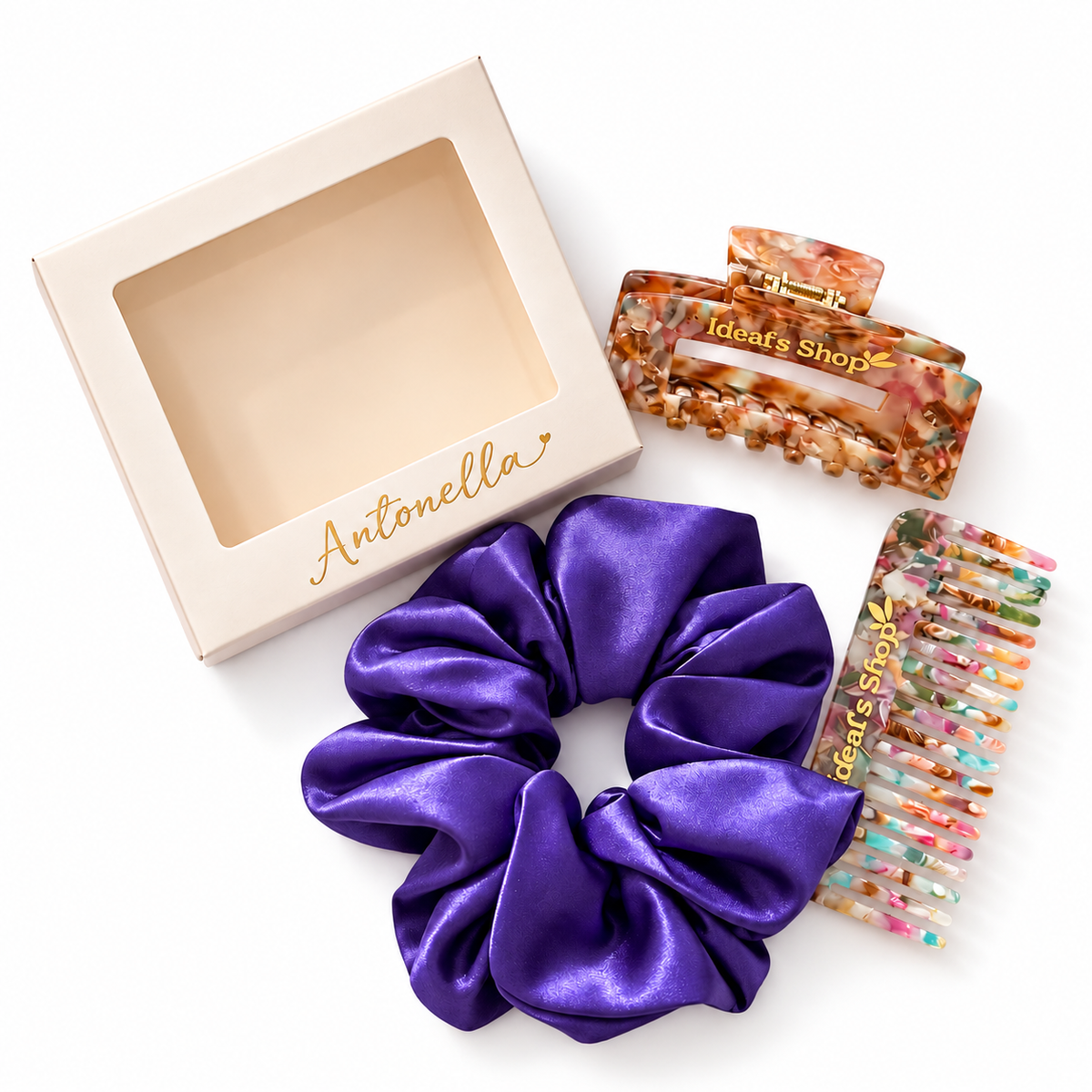 Personalized Gift Box with XL Scrunchie, Purple Comb & Claw Clip