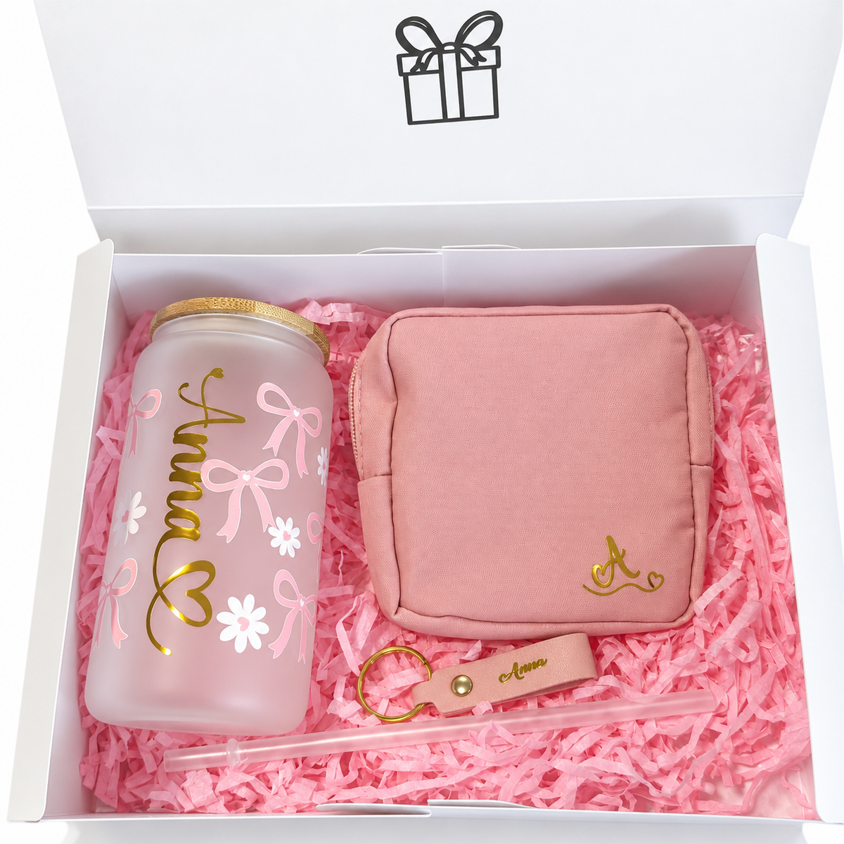 Personalized Gift Box with Glass Tumbler, Toiletry Bag, and Name Keychain